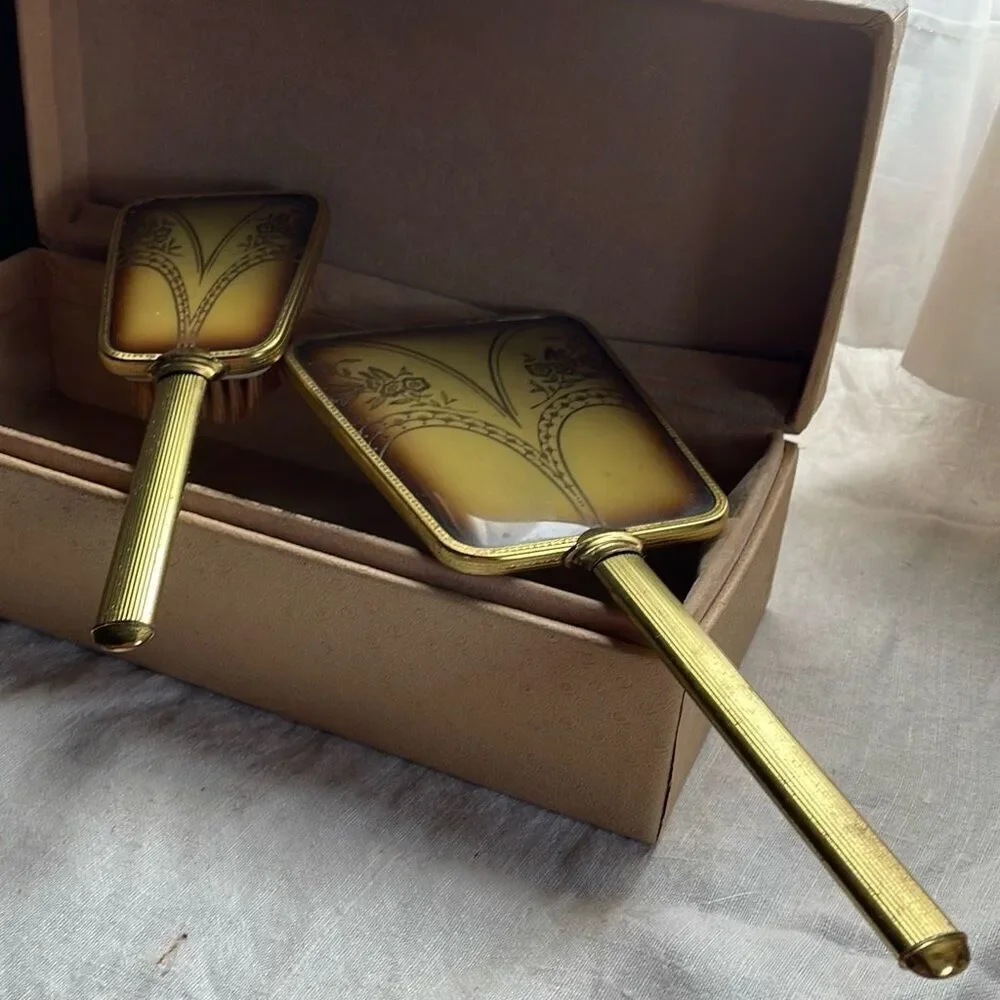 VTG Midcentury vanity set Art Nouveau styles brush & mirror in box.